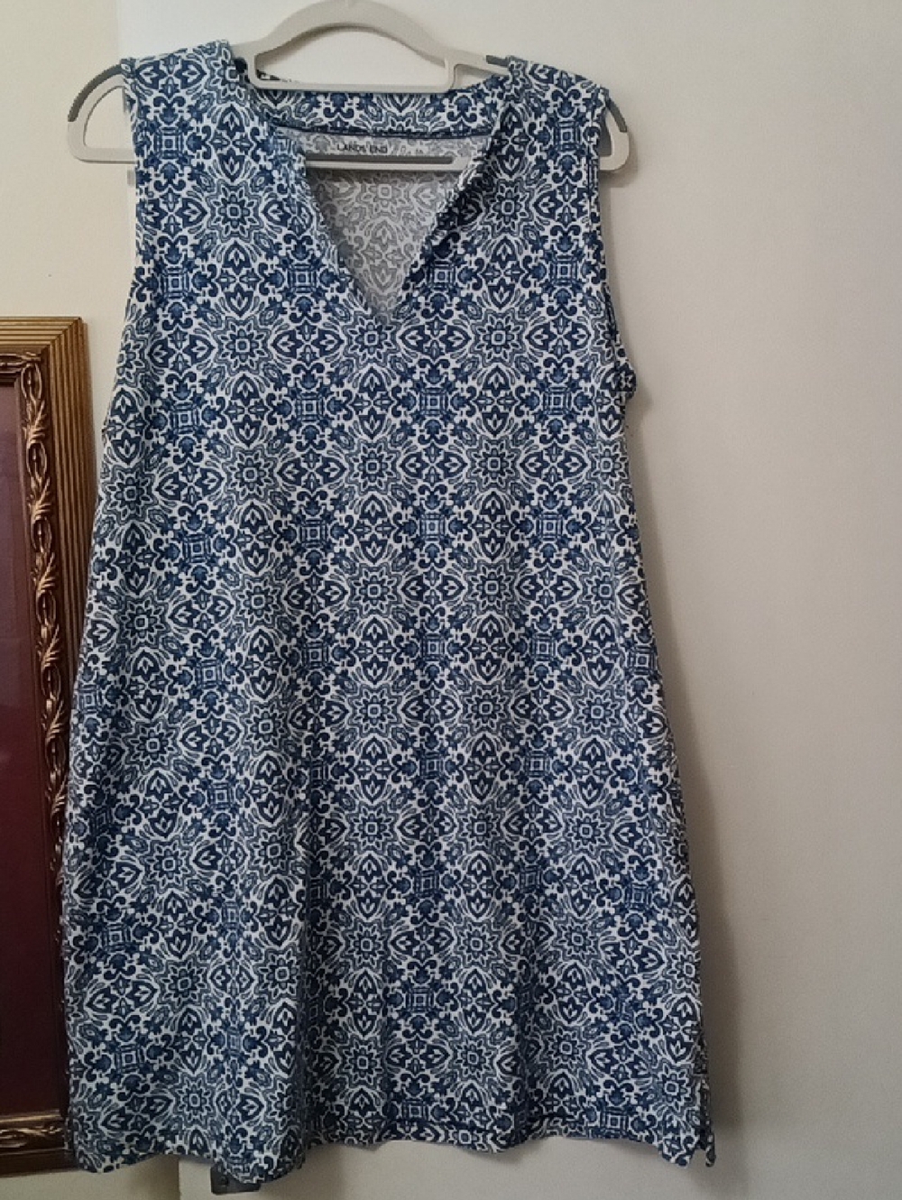 Lands End Blue & White Sleeveless Patterned Shift Dress